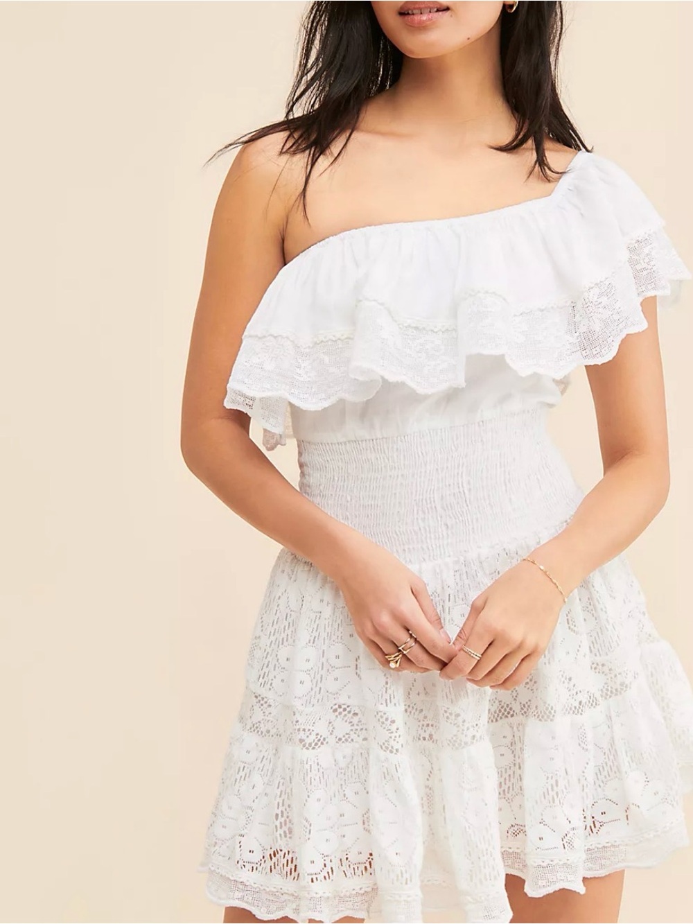 Free People White One-Shoulder Ruffle Lace Mini Dress
